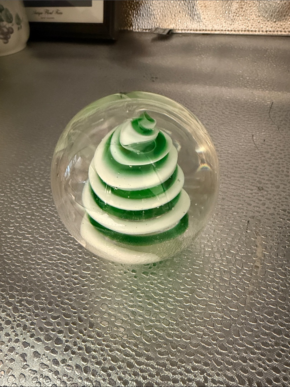 Green and White Glass Paperweight Decorative Sculpture